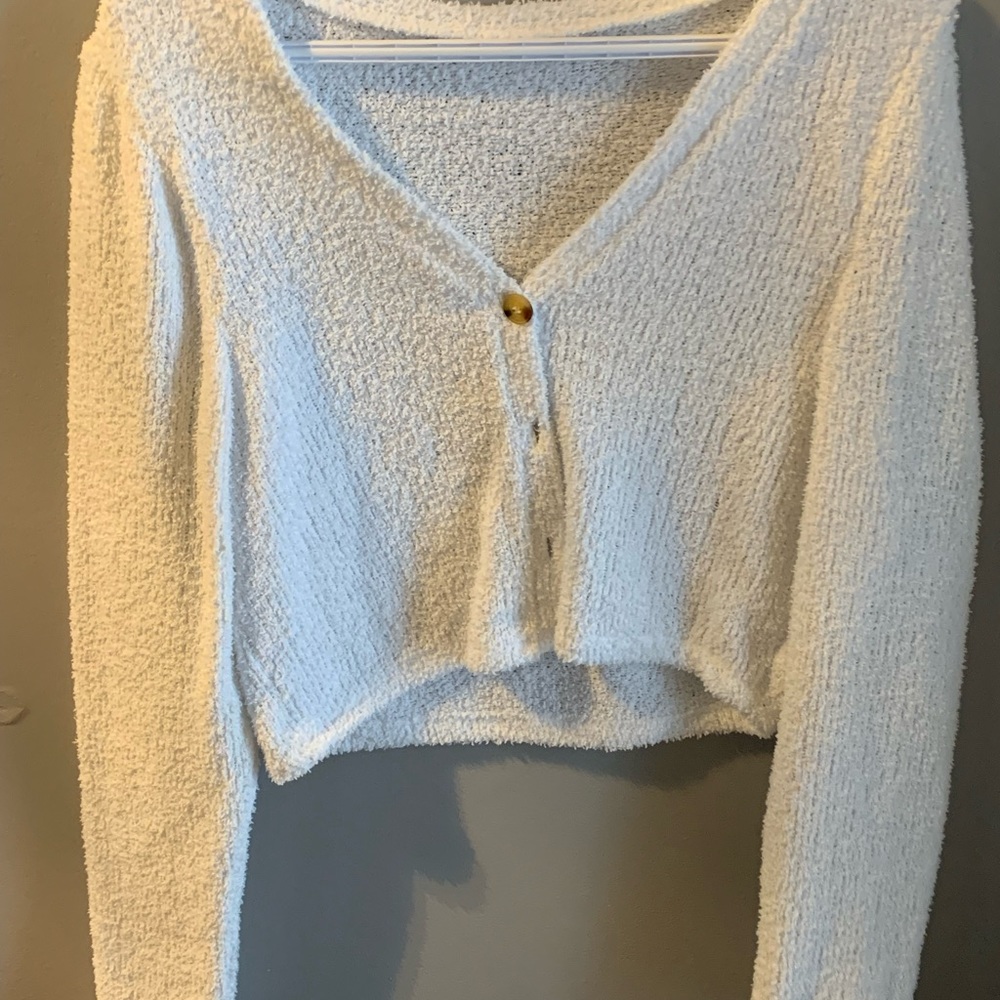 White knit cardigan.